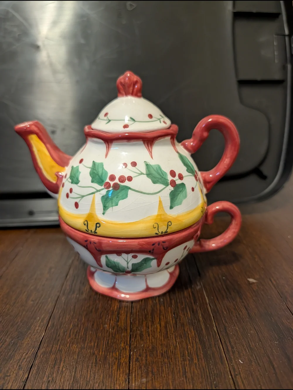 Hand-Painted Ceramic Teapot and Cup Set with Holly Motif